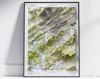 Knoxville, Tennessee ~ Impresión de mapa 2D plano sombreado vintage ~ Póster de decoración de pared con topografía