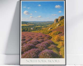 Plakat podróżniczy North York Moors: wydruk artystyczny krajobrazu Yorkshire