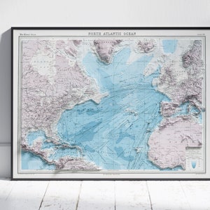 Carte vintage de l'Atlantique Nord à plat 2D topographique en relief ombragé ~ impression affiche murale Art déco