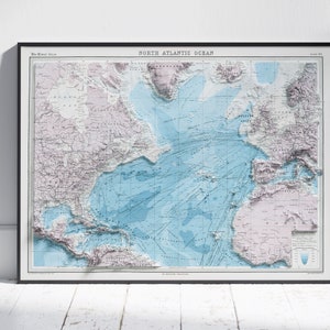 North Atlantic Vintage Map Flat 2D Topographic Shaded Relief ~ Print Poster Wall Art Decor