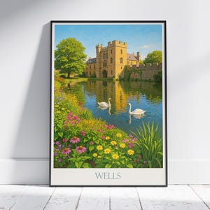 WellsBishop's Palace Reiseplakat, Serene Moat & Swans ~ England Historisches Wahrzeichen | UK Schloss Kunst Dekor Geschenk