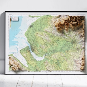 Liverpool et Manchester, Royaume-Uni ~ carte en relief ombragé 2D vintage Style Atlas impression affiche murale Art déco