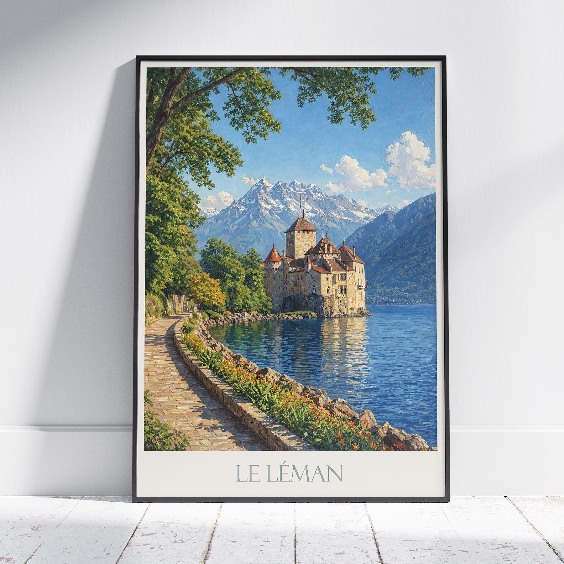 シヨン城アートプリント：スイス、レマン湖旅行ポスター - Etsy 日本
