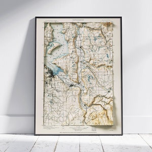 Tacoma & Puyallup, Washington ~ Vintage schaduwrijke reliëf platte 2D kaart afdrukken ~ Poster Wall Art Decor topografie