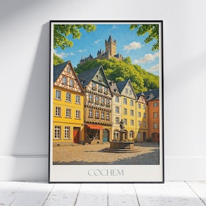 Cochem Travel Poster, Germany | Half-Timbered Town & Castle Painted Art Print | Mosel Valley Wall Decor | Historic European Gift