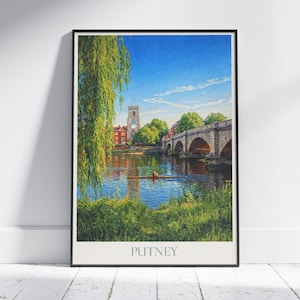 Putney London Travel Poster: Putney Bridge and River Thames Painted Art Print