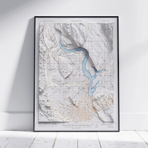 Moses Lake, Washington ~ schaduwrijke reliëf platte 2D kaart afdrukken ~ poster Wall Art decor topografie