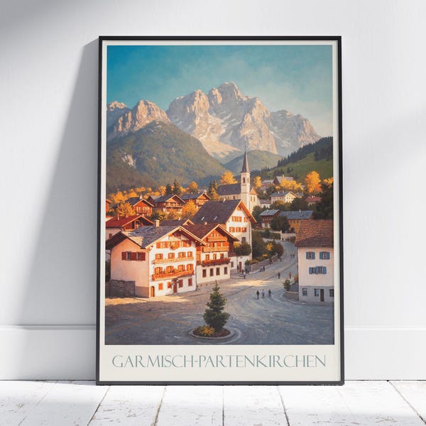 Garmisch-Partenkirchen-poster: Duitsland reiskunst, afdruk Beierse Alpen