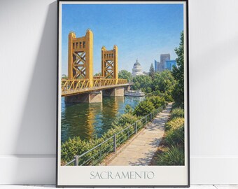 Sacramento Travel Poster: Vintage Tower Bridge Riverboat Art Print