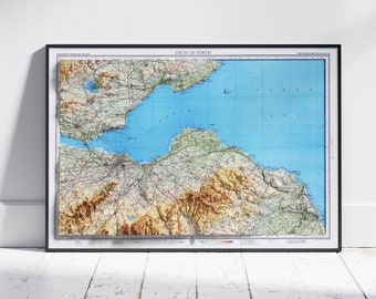 Firth of Forth, Scotland ~ Vintage Map Flat 2D Shaded Relief UK Print Poster Wall Art Decor