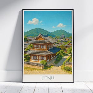 Jeonju Korea Travel Poster | Hanok Village Art Print | Traditional Korean Heritage Wall Art