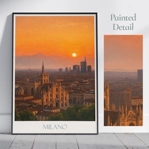 Milan Travel Poster, Duomo Sunset ~ Italy Painted Wall Art | Home Decor Print | Framed Personalized Vacation Gift