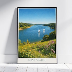 Póster de viaje por Bewl Water, navegación en un lago sereno, impresión artística de paisajes del Reino Unido y decoración del hogar, regalo para amantes de la naturaleza.