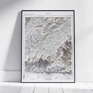 Brecon ~ platte 2D gearceerde reliëfkaart vintage stijl print poster muurkunst decor