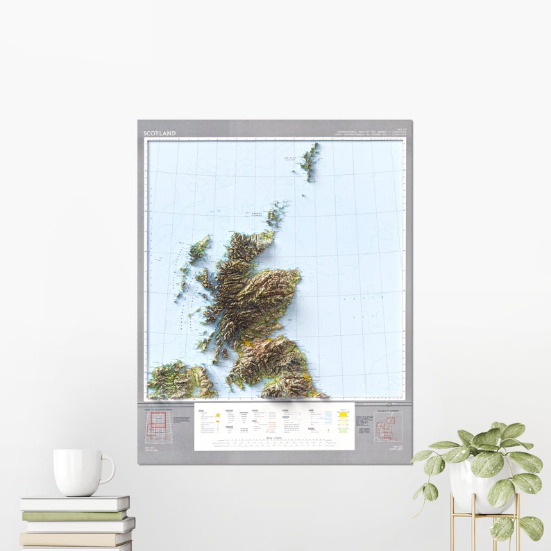 Scotland Flat 2D Shaded Map Vintage Style Print Poster Wall Art Decor ...
