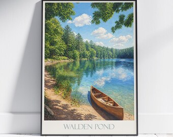 Walden Pond Massachusetts reisposter: Thoreau's meer- en kanoscène, geschilderde kunstprint