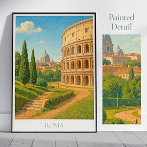 Poster di viaggio di Roma, Colosseo ~ Poster di viaggio di Roma in Italia / Arte murale dipinta e arredamento per la casa / Regalo di viaggio personalizzato con cornice