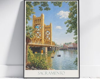Sacramento California Travel Poster: Tower Bridge Painted Art Print