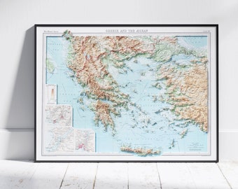May include: A detailed relief map of Greece and the Aegean Sea, with a color-coded elevation scale and inset maps of Athens, Piraeus, and Thessaloniki. The map is framed in black and has a white background.