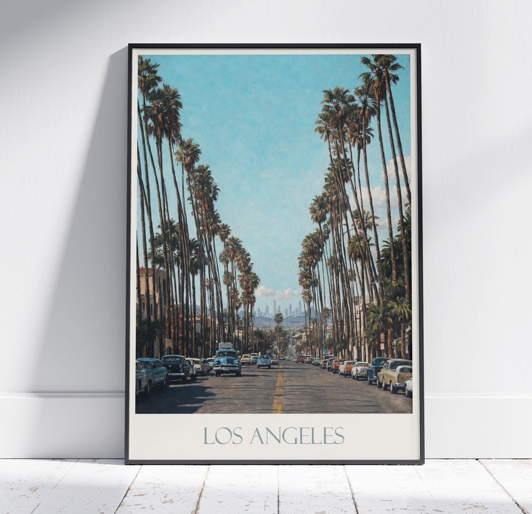 los-angeles-travel-poster-palm-tree-skyline-art-print-etsy