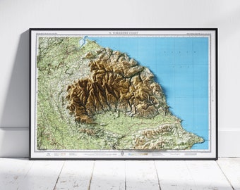 North York Moors & Scarborough Coast, UK ~ Flat 2D Shaded Relief Map Vintage Atlas Style Print Poster Wall Art Decor