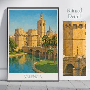 Poster di viaggio di Valencia / Stampa artistica da parete dipinta di Torres de Serranos, Spagna / Decorazione per la casa con paesaggio urbano / Regalo di vacanza personalizzato