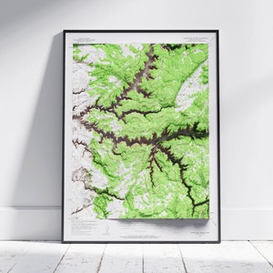 Canyon de Chelly, Arizona ~ Vintage schaduwrijke reliëf platte 2D kaart afdrukken ~ Poster Wall Art Decor topografie