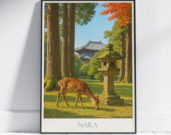 Nara Japan Travel Poster: Todai-ji Temple & Deer Art Print