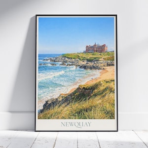 Newquay Cornwall Travel Poster: Fistral Beach Headland Hotel Painted Art Print