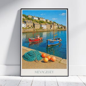 affiche de voyage du port de Mevagissey | Impression d&#39;art de village de pêcheurs de Cornouailles | Décoration côtière britannique vibrante | Art mural bateaux et mer
