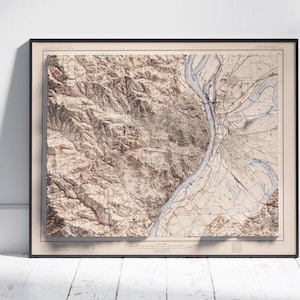 Carte vintage Saint-Louis, impression en relief ombragé 2D ~ affiche murale Art déco topographie
