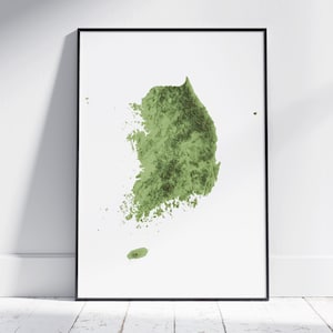 Kaart Zuid-Korea ~ platte 2D topografische print ~ gearceerde reliëfposter muurkunst modern decor