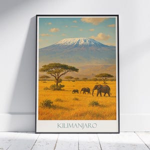 Kilimanjaro Travel Poster | Mount Kilimanjaro Art Print | Tanzania Safari Decor | Elephant Wall Art | African Landscape Gift