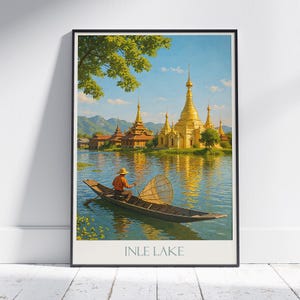 Inle See Reise Poster, Myanmar Gelassenheit | Gemalte Goldene Pagode Kunst | Burma Wohndekor
