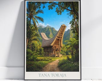Póster de viaje de Tana Toraja Indonesia: Impresión de arte pintado de la casa Tongkonan
