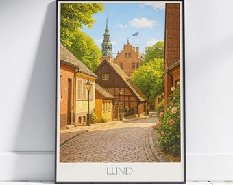 Lund Sweden Travel Poster: Historic Old Town Cityscape Art Print