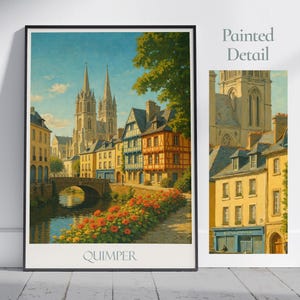 Pôster de viagem de Quimper | Impressão de parede pintada da Bretanha, França | Decoração europeia para casa | Presente de férias personalizado