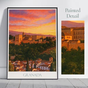 Poster di viaggio di Granada / Stampa artistica dipinta dell'Alhambra, Spagna / Decorazione murale con tramonto vibrante / Regalo di vacanza personalizzato