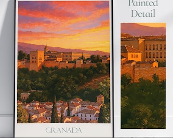 Póster de viaje de Granada, España: Impresión artística del Palacio de la Alhambra