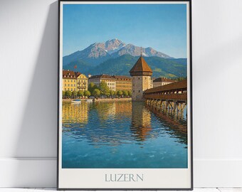 Stampa di viaggio di Lucerna ~ Poster di viaggio in Svizzera, arte murale, decorazione per la casa, regalo personalizzato, dipinto con cornice