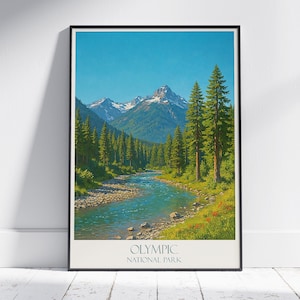 Poster di viaggio del Parco Nazionale Olimpico / Stampa artistica da parete dello Stato di Washington / Decorazione vintage del Parco Nazionale / Regalo con paesaggio fluviale di montagna