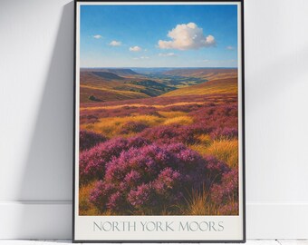 Plakat podróżniczy North York Moors: wydruk artystyczny krajobrazu Yorkshire