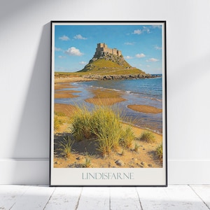 Lindisfarne Castle Travel Poster | Holy Island Northumberland UK | Vintage Coastal Art Print | Historic Castle Wall Art