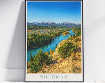 ホワイトホース（ユーコン準州）旅行ポスター：ユーコン川と山々の風景を描いた絵画風アートプリント