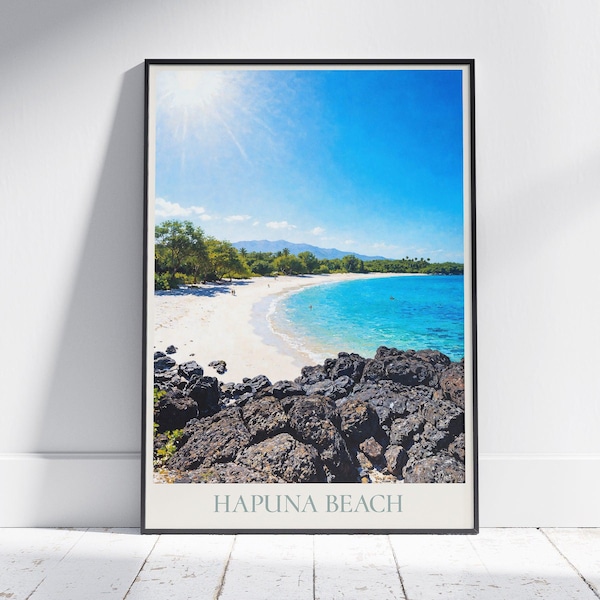 Hapuna Beach Hawaii Travel Poster: Big Island Coastline Painted Art Print