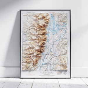 Grand Teton, Wyoming ~ impression de carte 2D vintage en relief ombré ~ affiche murale art déco topographie