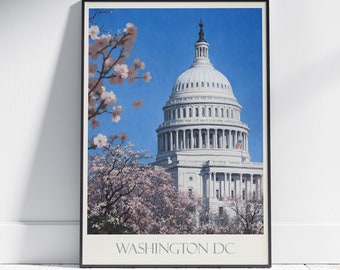 Impresión de viaje de Washington DC, Capitolio de EE. UU. ~ Cartel de viaje / Arte de pared pintado y decoración del hogar / Impresión personalizada enmarcada / Regalo de viaje de vacaciones
