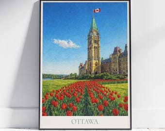 カナダ、オンタリオ州オタワの旅行ポスター：国会議事堂と平和の塔を描いた絵画プリント