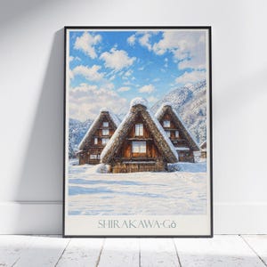 白川郷　合掌造り　雪景色　絵画 白川郷の旅行ポスター：雪景色の合掌造りの村を描いた絵画プリント