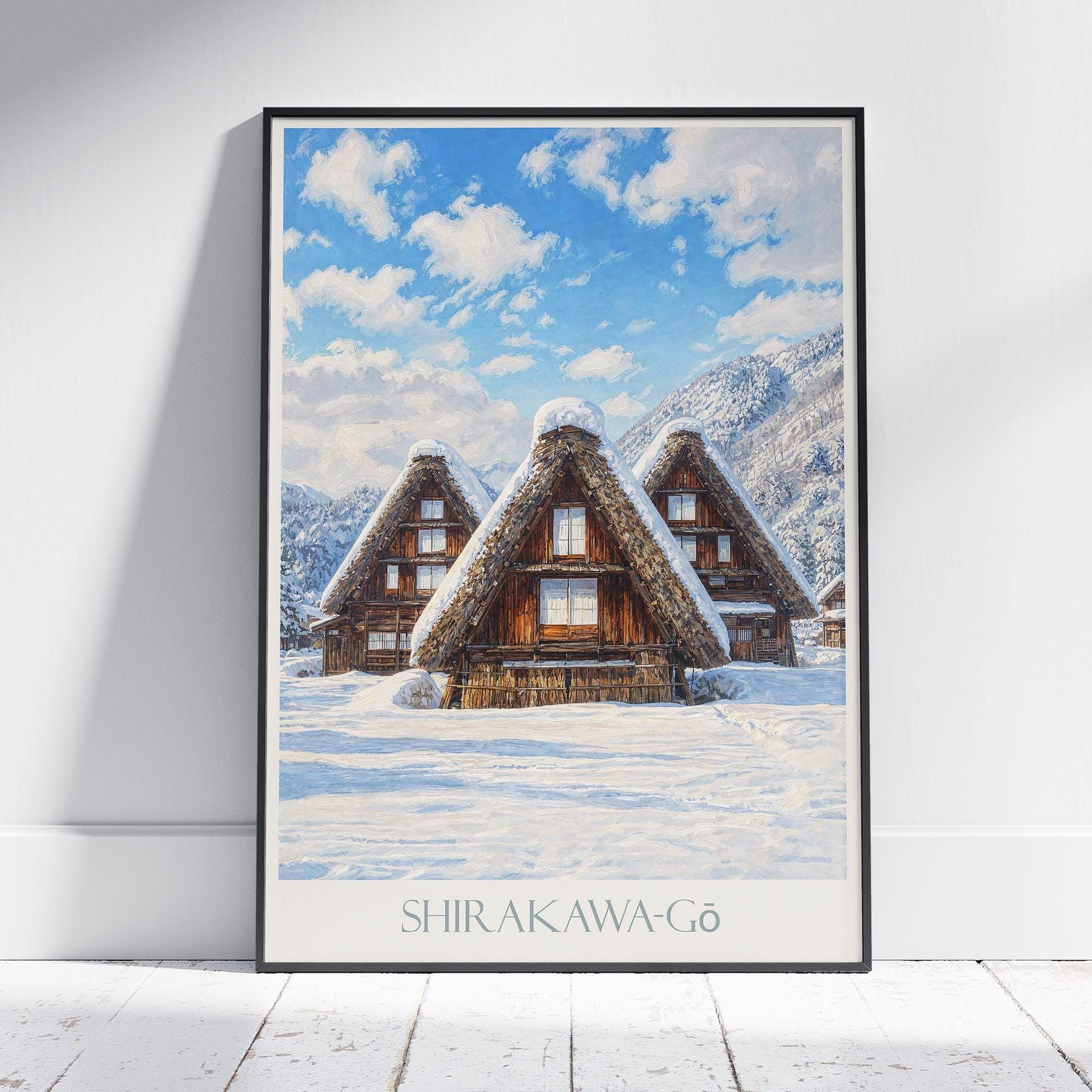 白川郷の旅行ポスター：雪景色の合掌造りの村を描いた絵画プリント
